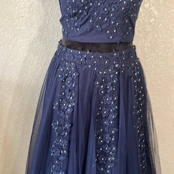 Say Yes To The Prom Navy Blue Lace Halter Dress - Picture 4 of 15